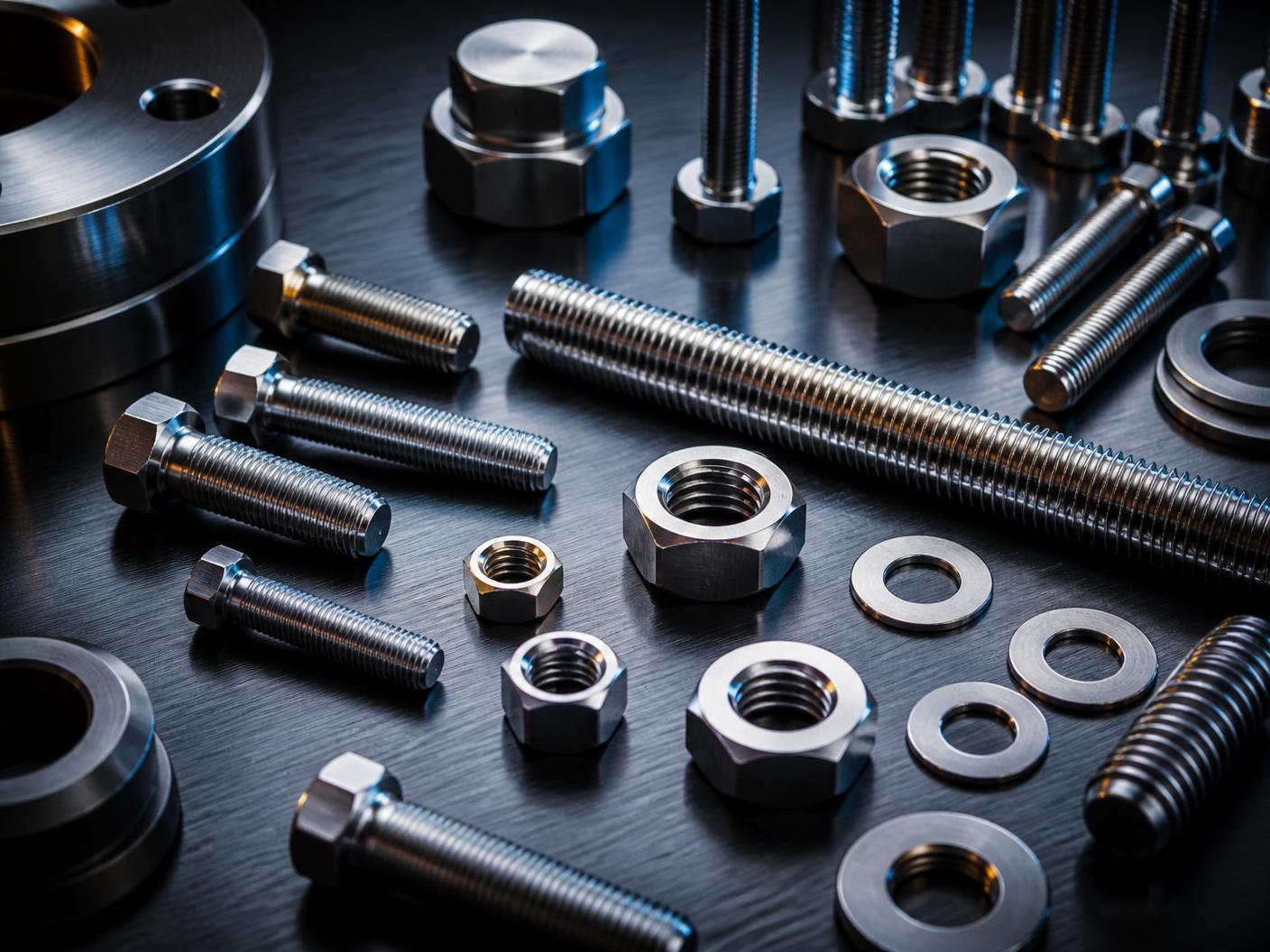 Precision steel fasteners arranged on a brushed metal surface