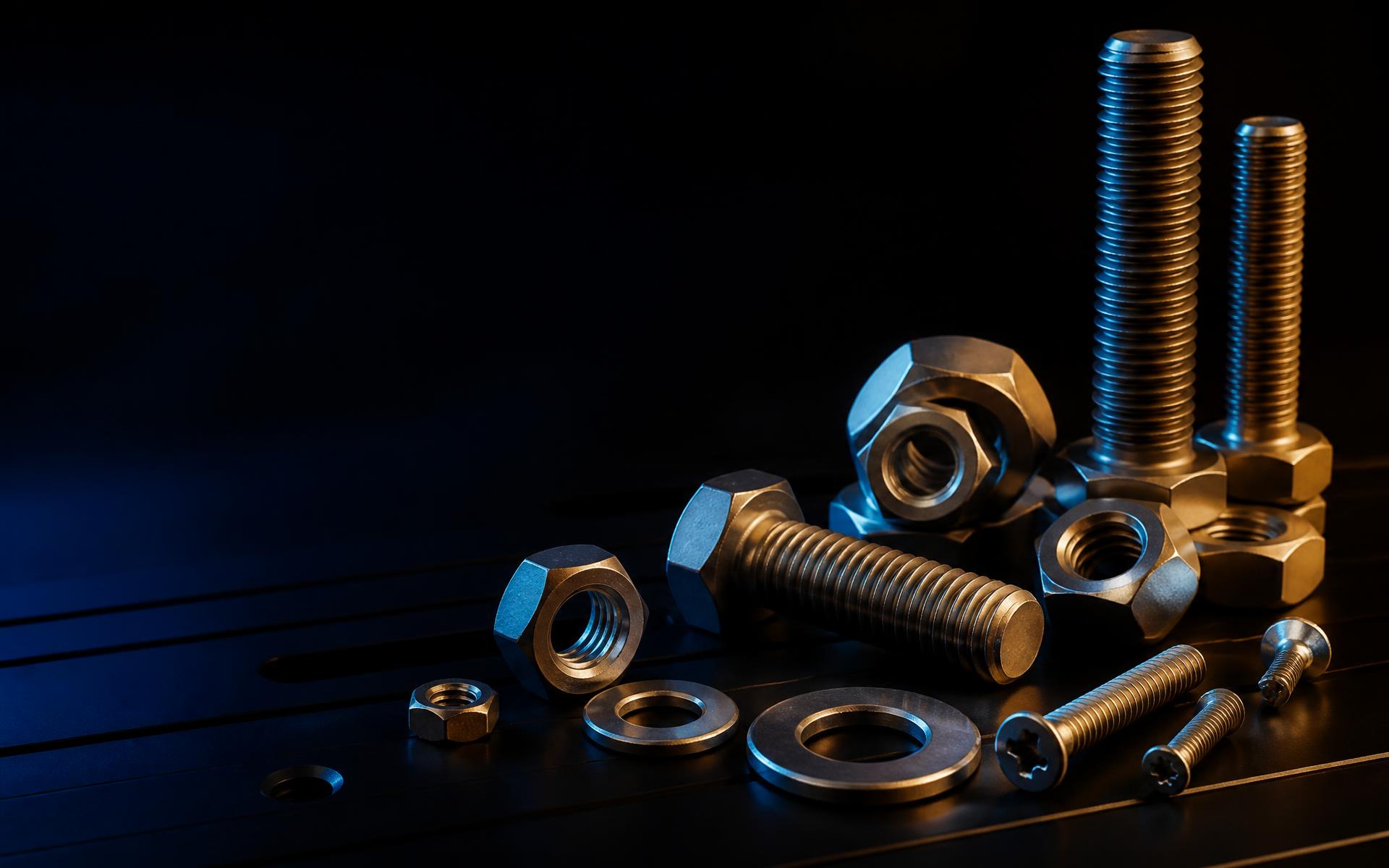 Steel bolts, nuts, washers and screws under blue and gold studio lighting
